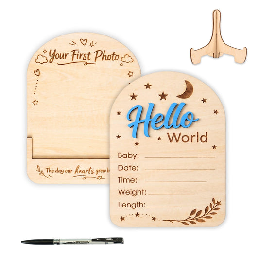 Baby Announcement Sign, Hello World Newborn Sign, 3D Personalized Wooden Announcement Sign for New Baby, Custom Name Photo Prop for Hospital, Nursery Decor for Boy or Girl (Moon)