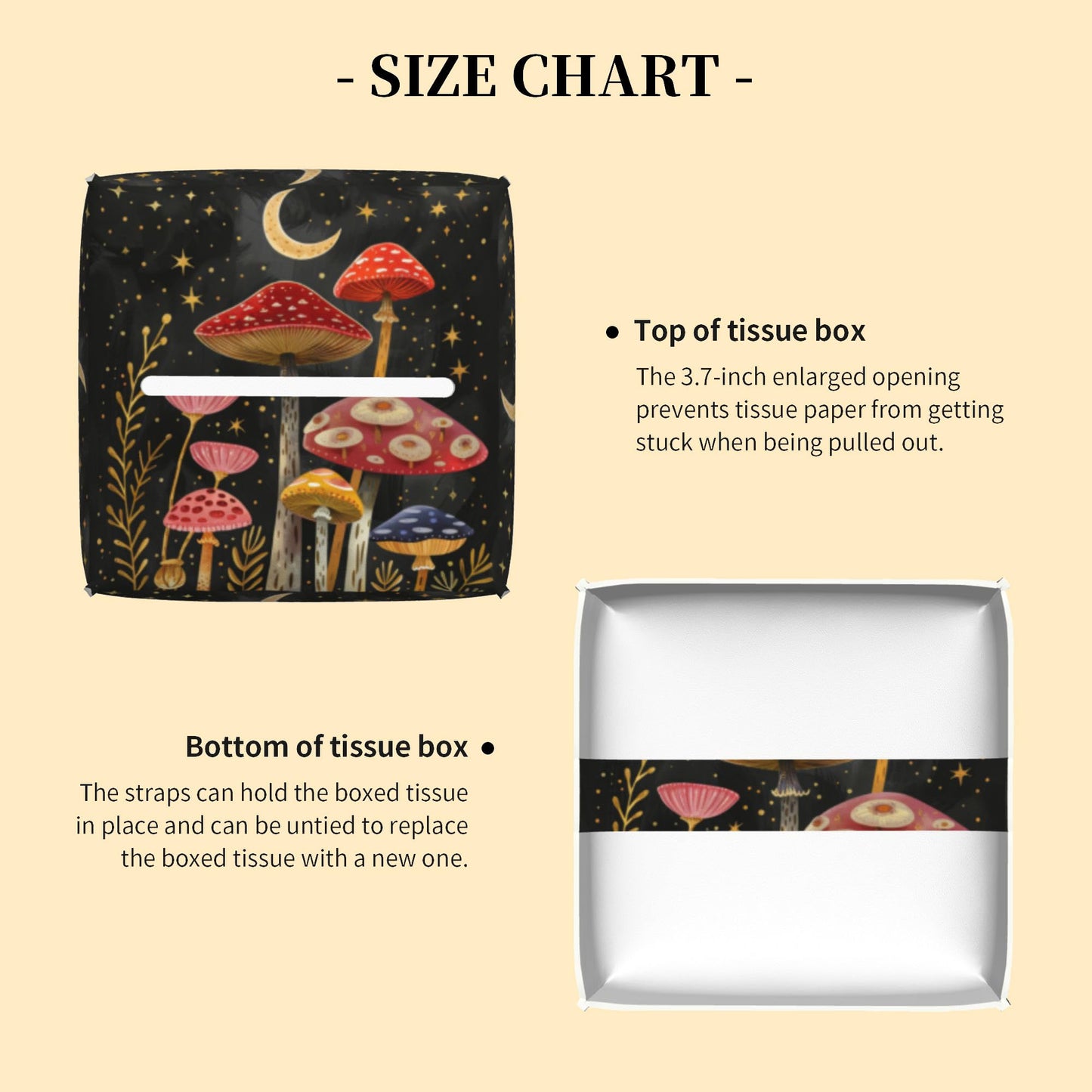 Colorful Mushrooms and Crescent Moon Tissue Box Cover Leather Tissue Box Holder Square Facial Paper Case Organizer Dispenser for Bathroom Vanity Countertop Tabletop Car Office