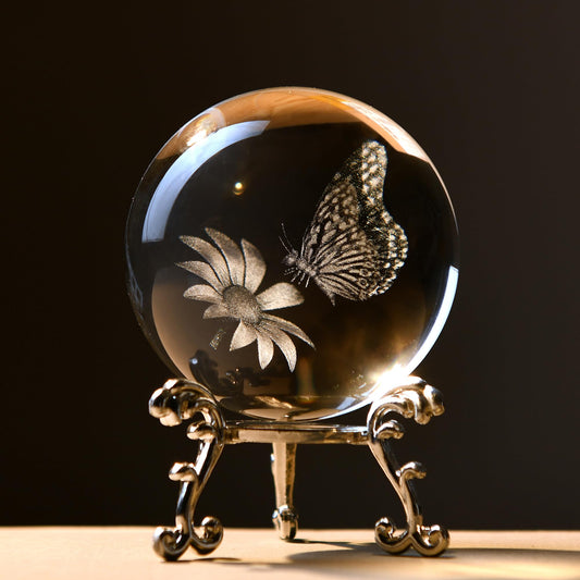 IFOLAINA 3D Butterfly Crystal Ball 60mm Gifts Ideas for Girlfriend Wife Mom Couple Her Butterfly on Sunflower in Glass Ball with Stand Flower Sphere Novelty Home Decor