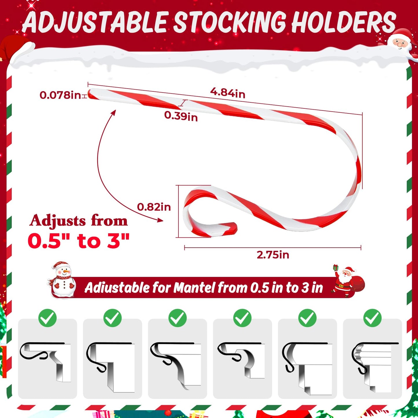 Stocking Holders for Mantle Set of 6, No-Slip Stocking Hangers for Mantel Multi-Use Christmas Stocking Holder Hooks for Fireplaces Mantle, Wreath, Hat, Gift Christmas Party Decorations