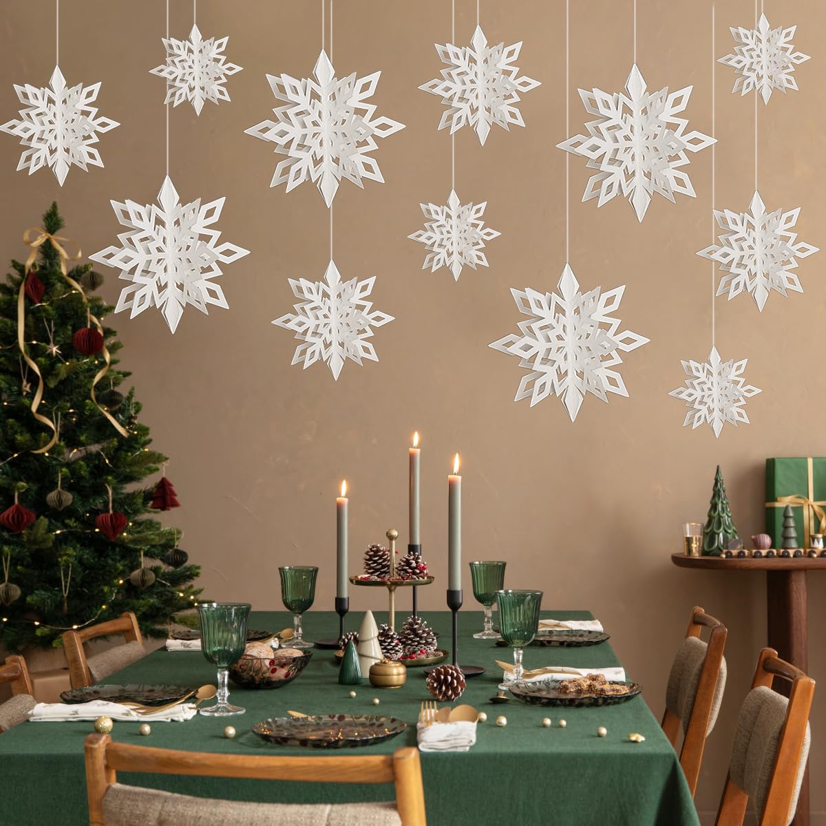Snowflake Hanging Decorations - 3D Large Snowflakes Paper Hanging Garland for Christmas Winter Wonderland Holiday New Year Party Home Decoration 12PCS (White)