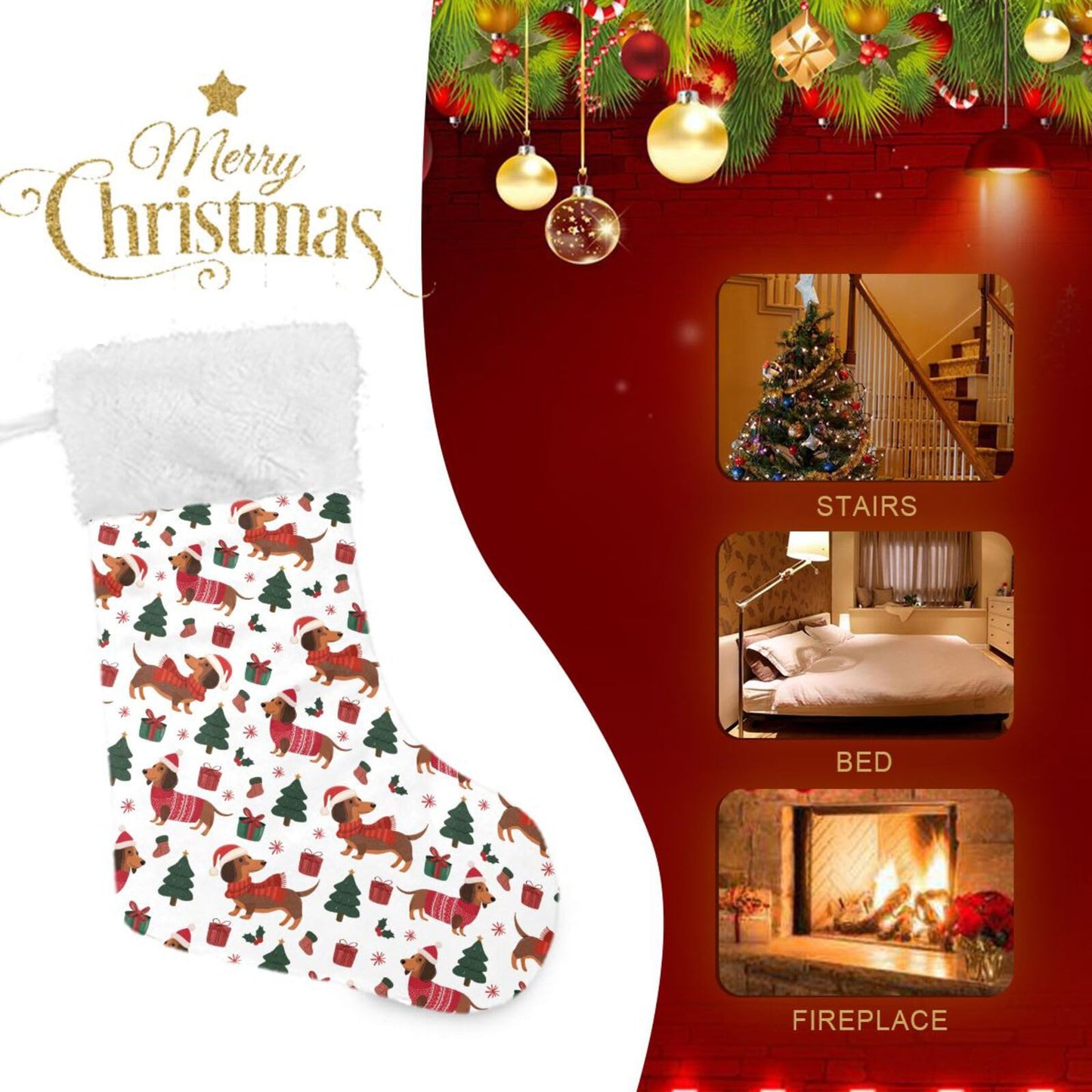 JUDIAN Christmas Stocking 18 inch with White Cuff, Classic Hanging Stockings Xmas Stockings Ornament Gifts for Fireplace Mantel, Holiday Decorations for Family, Party, Gift Giving (1 Pcs)
