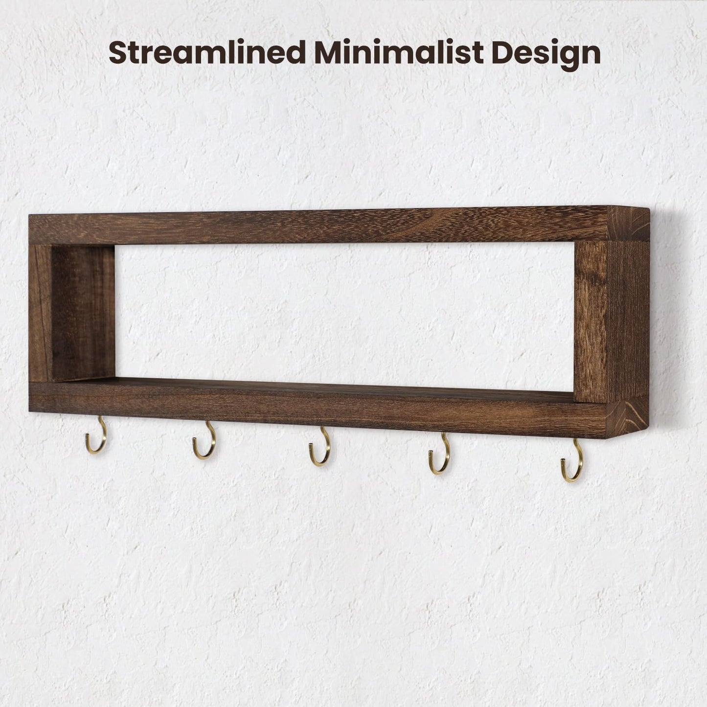 Lwenki Wall Shelf with Hooks - Decorative Key and Wallet Holder for Wall Holds Sunglasses, Leashes, Scarves and Lanyards - 15.7" x 5.1" x 2.9" Entryway Organizer Made of Paulownia Wood (Brown)