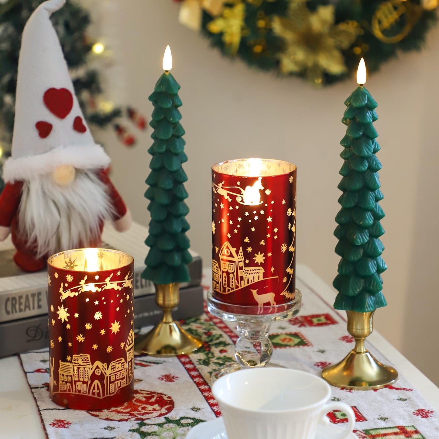 MUMCHASI Chritsmas Flameless Candles, Battery Operated Christmas Candles, Real Wax Glass Flickering LED Candles, Tree Candlestick for Home Christmas Decor, Remote Timer