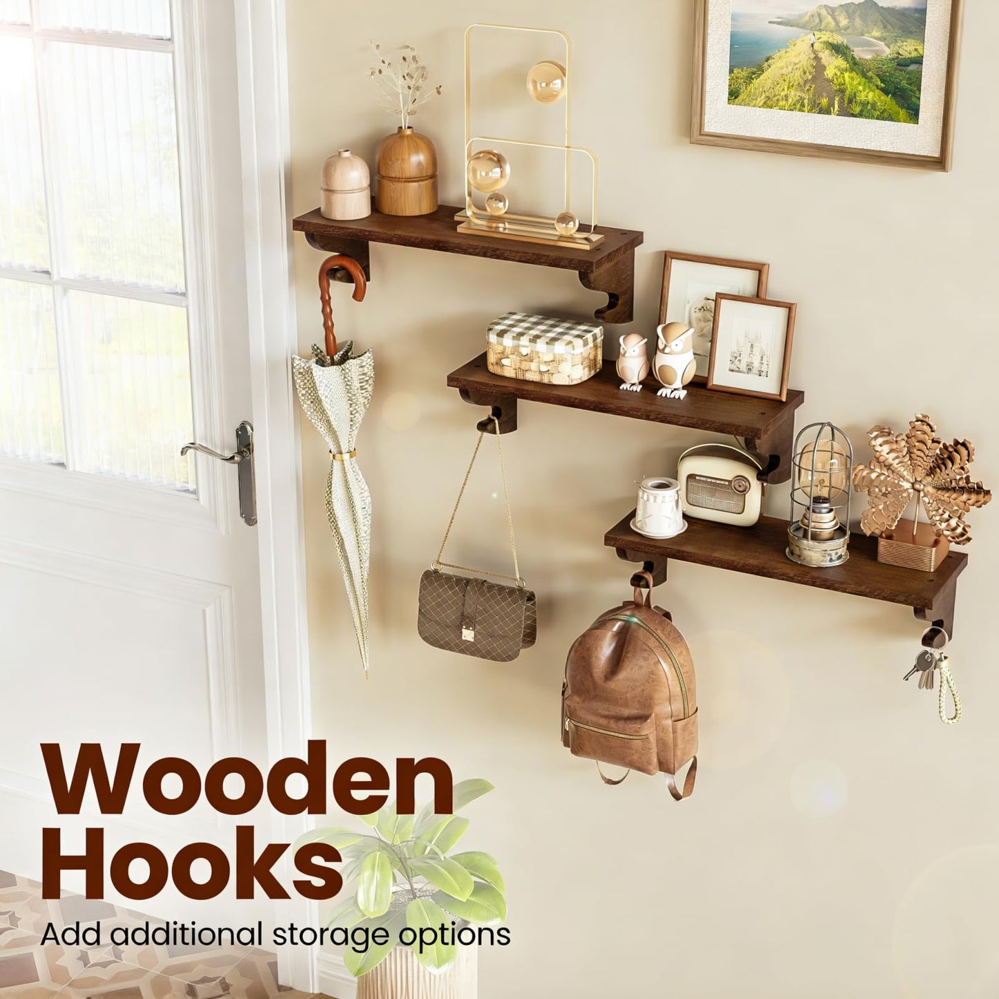 Alsonerbay Wood Floating Shelves for Wall 3 Pack, 17 inch Rustic Wall Shelves with Hook, Decorative Hanging Shelves for Bedroom Living Room Nursery Office and More Light Walnut