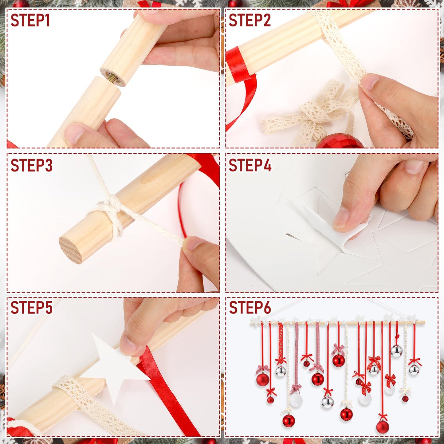 Suncalla 18 Pcs Christmas Wall Hanging Decor with Light Wooden Branch Christmas Plastic Balls Bow Xmas Wall Art for Home Ceiling Indoor Holiday Party Supplies Decor