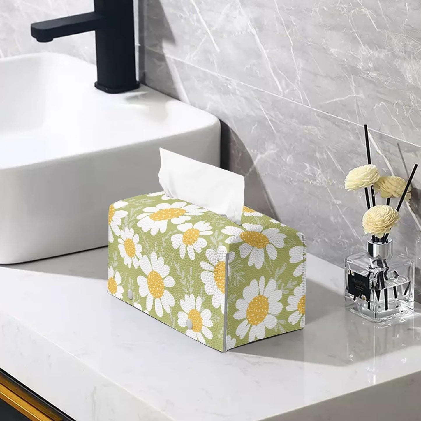 PJHEQOXE Flowers Pattern Tissue Box Cover Custom Tissue Box Cover Magic Sticker Pu Tissue Box Cover Rectangular for Home Coffee Table Decor Room Office Decor 9.7 x 5.2 X 5.12 Inch （Green）