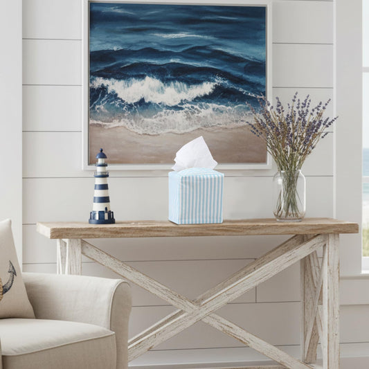 Potchen Coastal Tissue Box Cover Light Blue and White Stripe Tissue Box Cover Decorative Cotton Square Napkin Holder for Home Bedroom Living Room Bathroom Office Kitchen