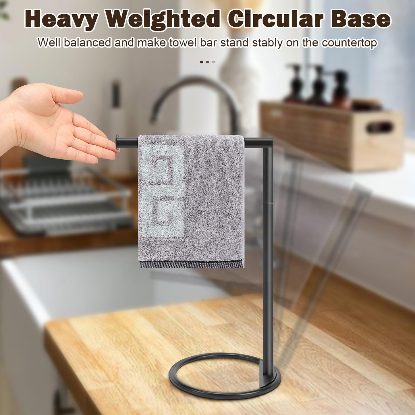 NearMoon Hand Towel Holder Stand, Thicken Metal L Shape Hand Towel Rack, Small Towel Ring, Stable Standing Towel Bar for Bathroom Kitchen Vanity Countertop, 8” L 14” H (Matte Black, 1 Pack)