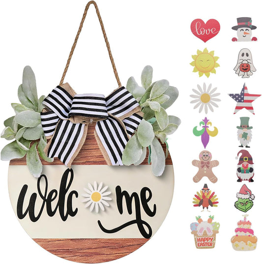WSTPUPU Interchangeable Seasonal Welcome Sign Front Door Decoration Rustic Round Wood Wreaths for Spring Summer Fall Winter Holidays and Valentine's Day