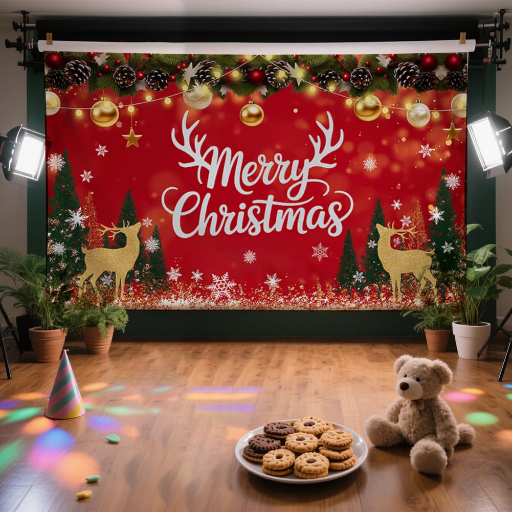 CRAFTYMELODY Large Merry Christmas Banner 70×43 Inch Red Christmas Wall Banner Santa Deer Snow Backdrop Winter Yard Sign Indoor Outdoor with Grommets 3.2 Yard String for Party Decoration Supplies