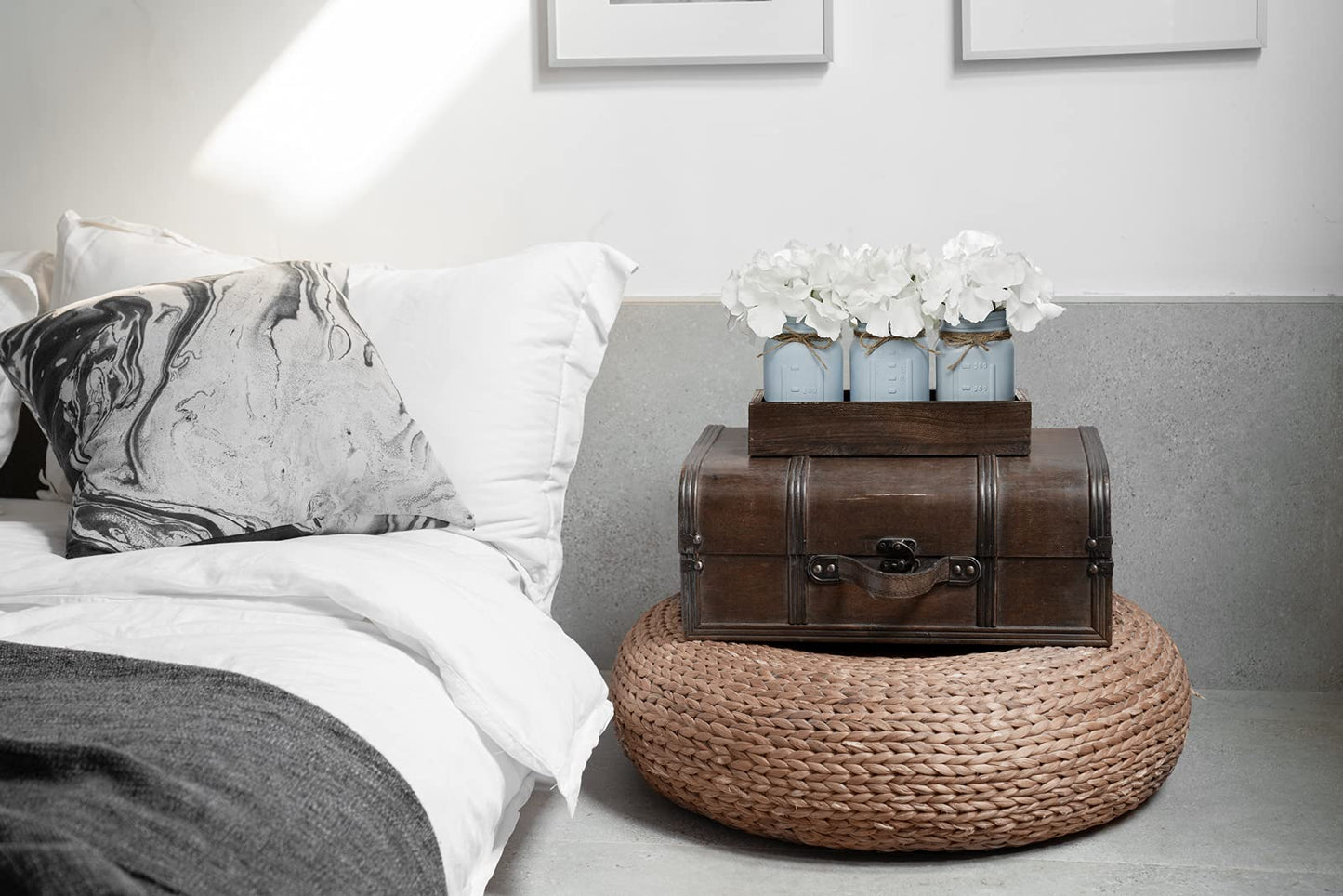 Mkono Mason Jar Centerpiece Decorative Wood Tray with 3 Painted Jars Artificial Flowers Rustic Country Farmhouse Thanksgiving Decoration for Coffee Table Dining Room Living Room Kitchen