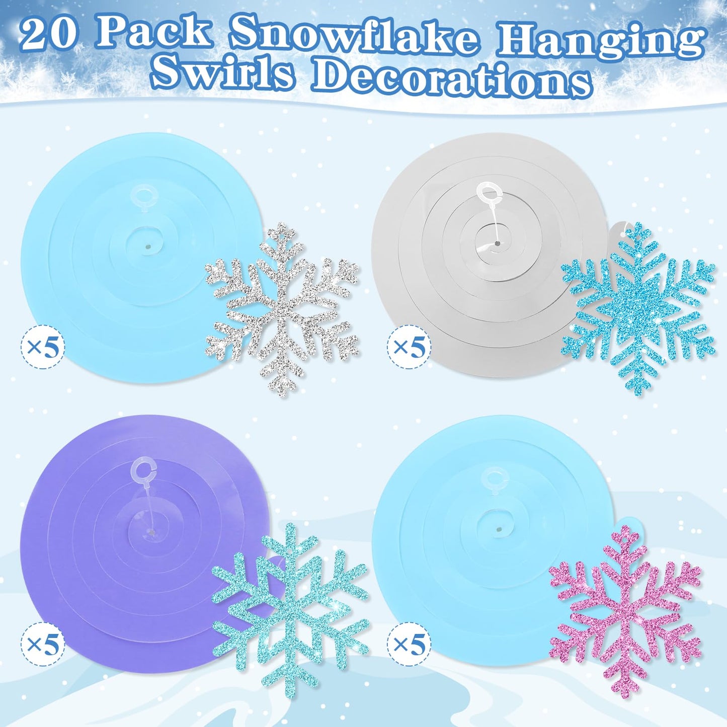 Snowflake Hanging Decorations, Winter Party Hanging Swirls Ceiling Streamers Purple Blue White Glitter Snowflakes Garland for Winter Wonderland Baby Shower Birthday Christmas Party Decorations