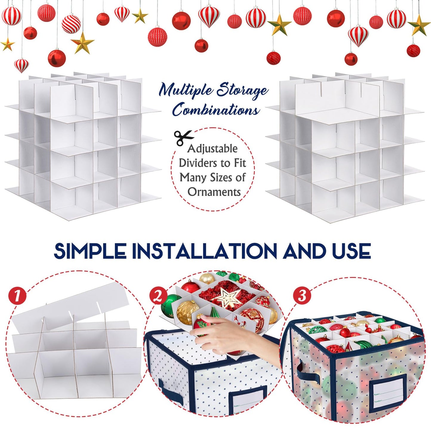 BINSUNS Christmas Ornament Storage Box, Christmas Storage Containers Organizer Bag with Dividers - Fits up to 64 Holiday Xmas Ornaments Decorations 3" Seasons Balls(Blue)