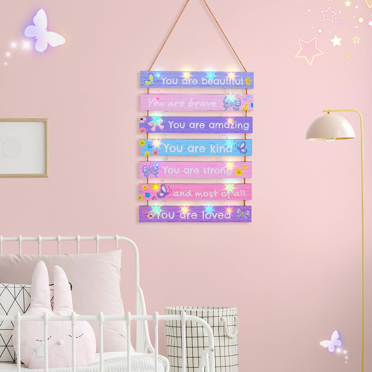 FIOBEE Girls Room Décor for Teen Girls Boys with LED Light Wall Decor for Bedroom Motivational Inspirational Wall Art Girl Room Decoration for Kids Studyroom, 8 Kinds of Lights, Purple Butterfly
