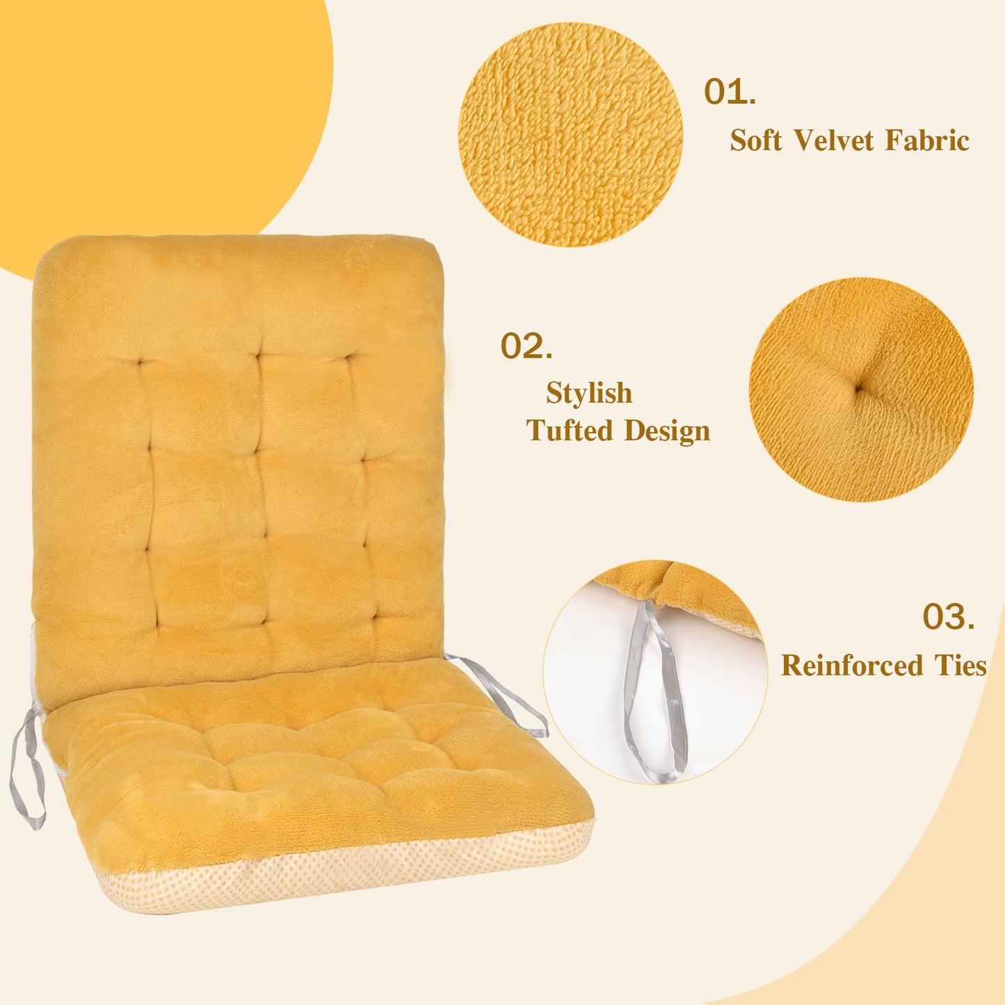 Non-Slip Rocking Chair Cushion, Premium Tufted Rocker Seat Back Pad with Ties, Sturdy &Comfort Thick Padding Pillow Chair Mat Cushions for Outdoor/Indoor Office Home Dining Room Kitchen Patio-Yellow