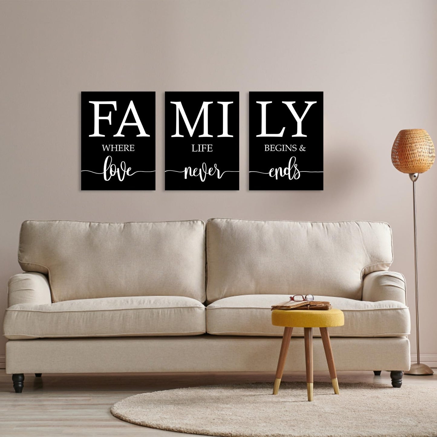 Family Where Life Begins And Love Never Ends Wall Art:3 Piece Love Quotes Wall Decor Above Bed,Modern Minimalist Family Signs Country Farmhouse Decor for Living Room Bedroom 12"x16"
