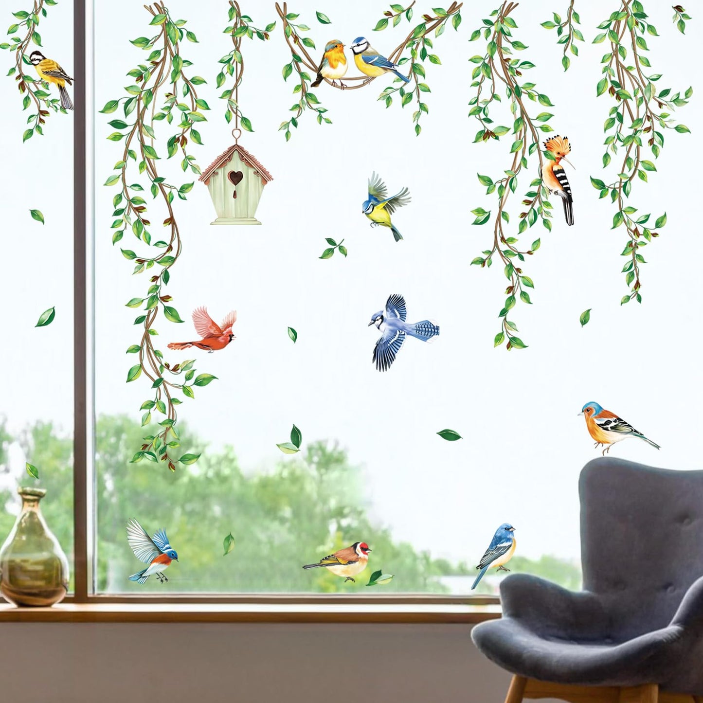 decalmile Spring Summer Hanging Green Vine Window Clings Double Sided Birds Tree Leaves Window Decals Anti-Collision Doors Glass Stickers