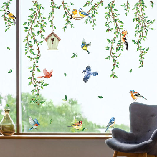 decalmile Spring Summer Hanging Green Vine Window Clings Double Sided Birds Tree Leaves Window Decals Anti-Collision Doors Glass Stickers