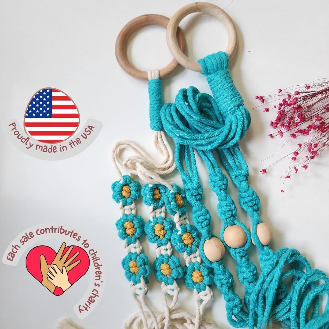 Set of 2 Macrame plant hanger with Daisies & Beads | Hanging plant holder Macrame Plant hangers outdoor and indoor hanging planters Plant stand indoor Boho Decor hanging planter stand (Ocean Teal)