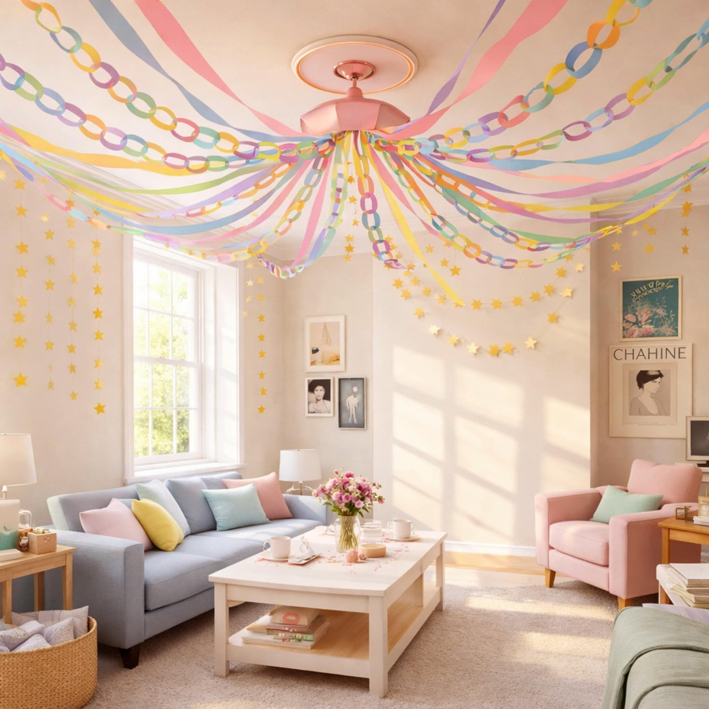 Gleebixi Pastel Birthday Party Decorations Kit with 492ft Crepe Paper Streamers, 300 Sheets Paper Chain Strips and 78.6ft Gold Star Garland for Hanging Decor