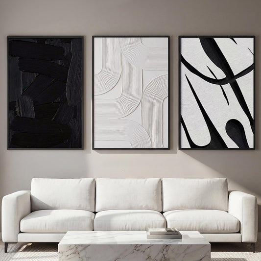 OurWarm 3D Large Framed Black and White Abstract Wall Art for Living Room, 3 Piece Big Minimalist Meutral Textured Modern Wall Art, Wall Pictures for Living Room Hallway Office Wall Decor 24x36 Inch