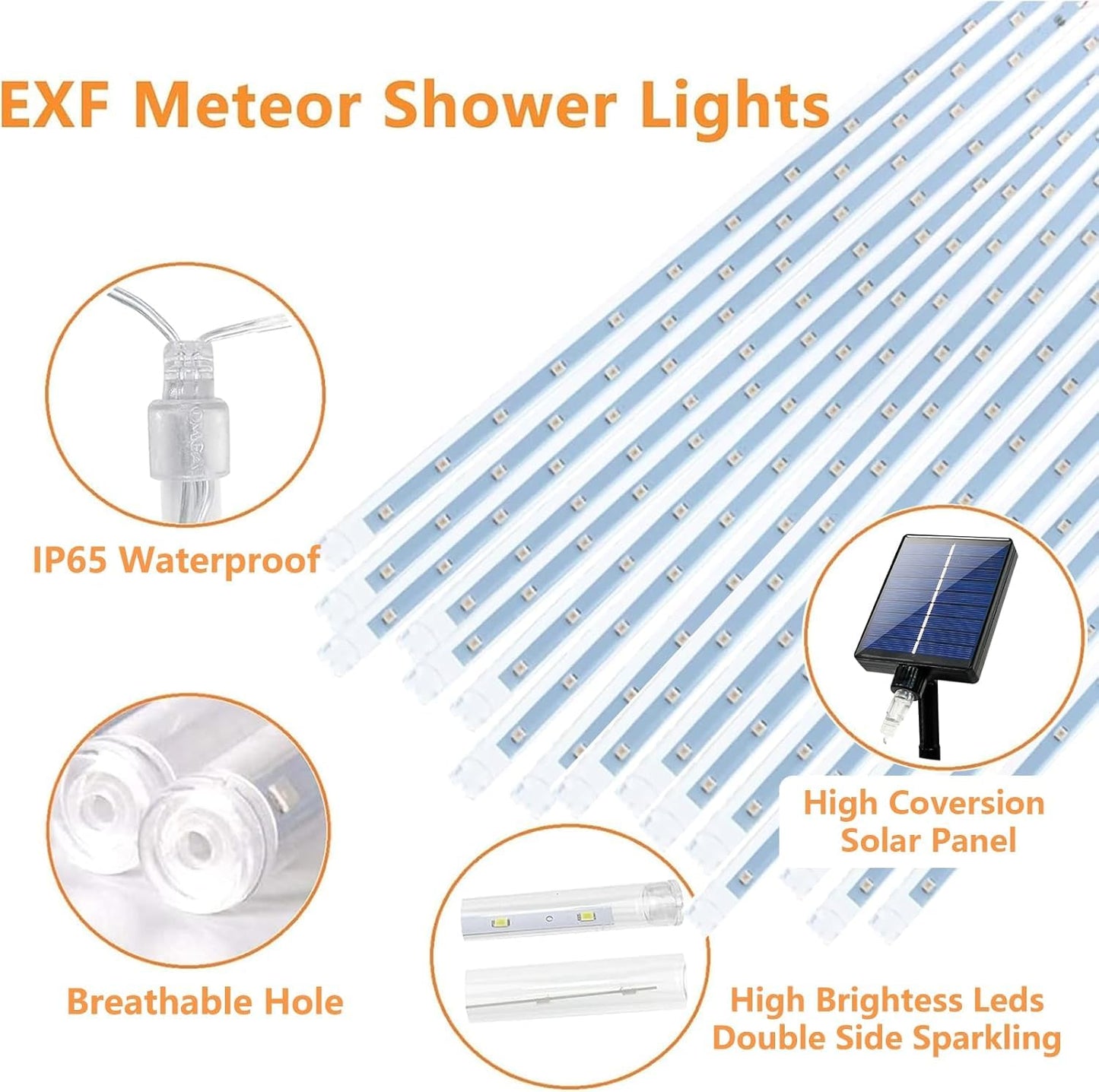 Solar Meteor Shower Lights, Solar Christmas Lights 16 Tubes 384 LEDs (Equivalent to 2 Sets of 8-Tube), Outdoor Waterproof Icicle String Light, LED Rain Drop Light for Tree Garden Decor (Cool White)