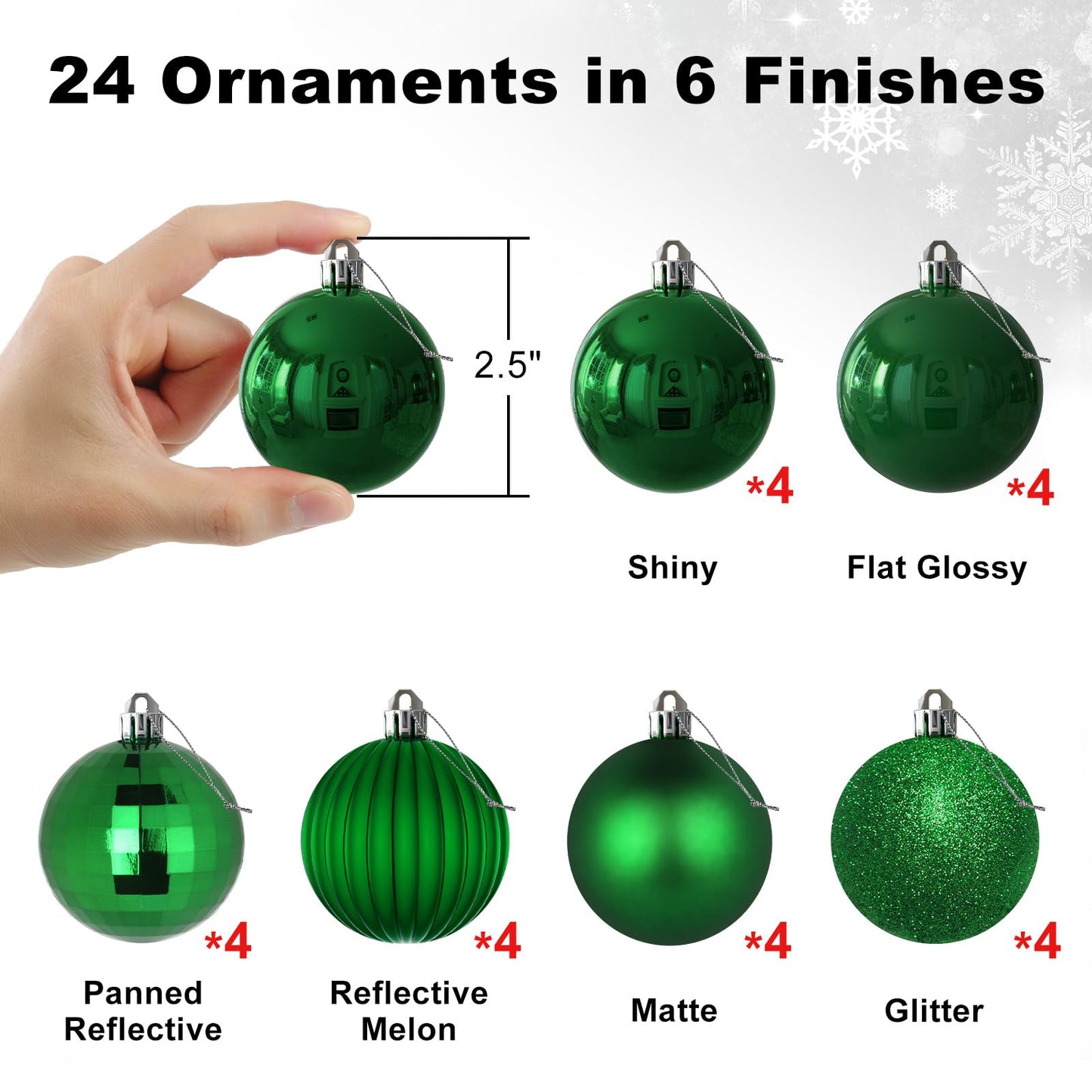 Emerald Green 2.5" Christmas Balls Christmas Tree Decoration Ornaments Shatterproof Hanging Balls for Birthday St. Patrick's Day Easter Mardi Gras Holiday Wedding Decorations Set of 24pcs