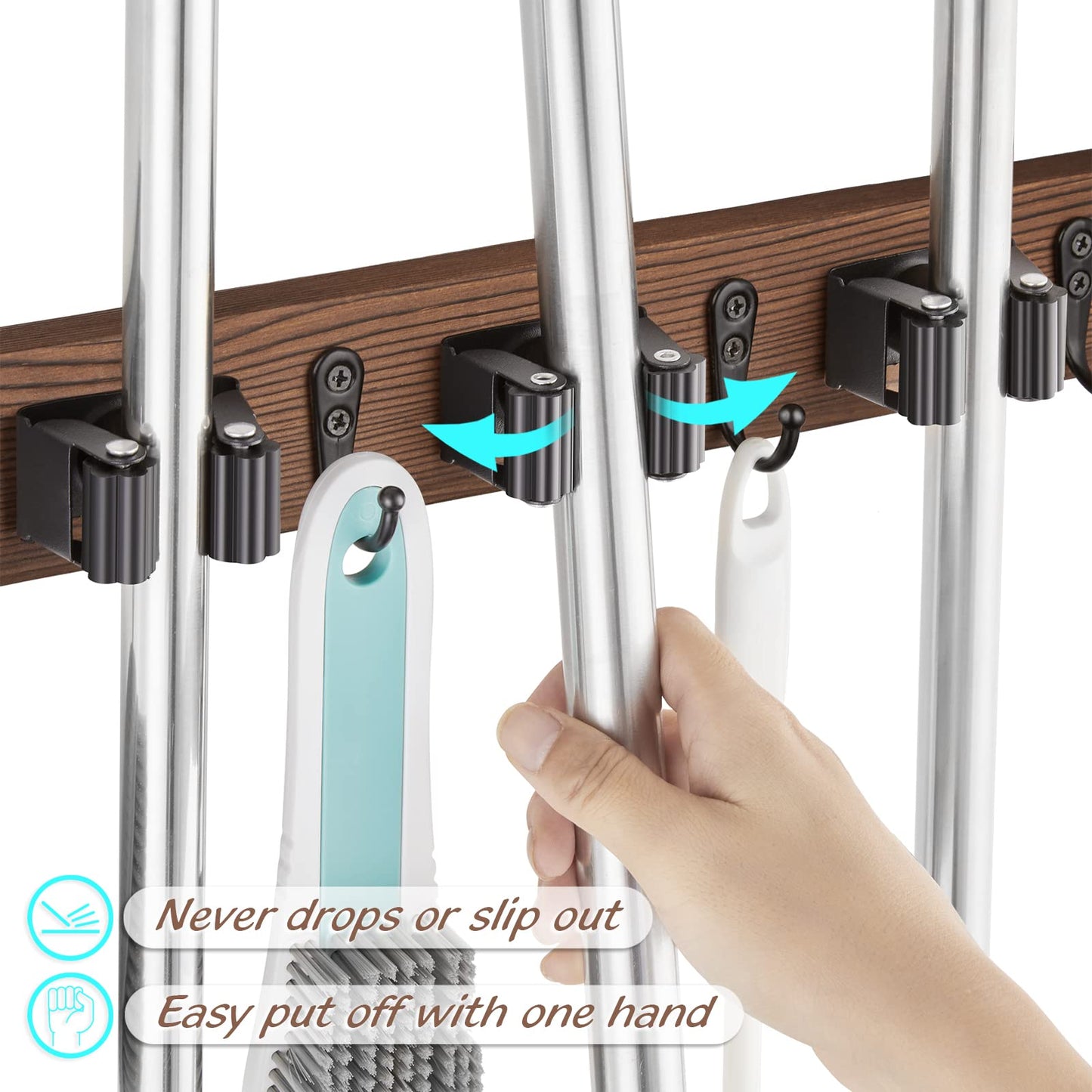OUTNILI Mop Broom Holder Wall Mount with 3 Slots & 4 Hooks - Wood Broom Mop Hanger for Pantry Kitchen Organization - Garden Tool Organizer for Closet Laundry Room - for Rustic Farmhouse Kitchen Decor