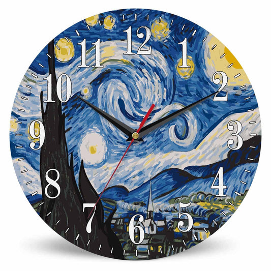 Mxocom The Starry Night Wall Clock Art Oil Painting Moon Mountain Village Van Gogh 10 Inch Silent Non Ticking Battery Operated Clock Vintage Round Clock for Living Room Bedroom Bathroom Office Decor