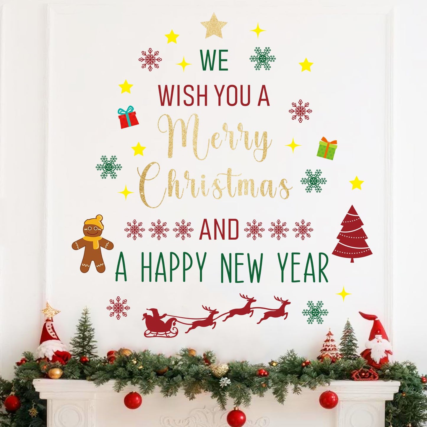 Rotumaty Christmas Wall Decals Stickers Decor Glitter Merry Christmas Tree Happy New Year Quote Decorations Holiday Seasonal Wall Art Decor for Home Office Classroom Party Ornaments