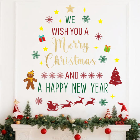 Rotumaty Christmas Wall Decals Stickers Decor Glitter Merry Christmas Tree Happy New Year Quote Decorations Holiday Seasonal Wall Art Decor for Home Office Classroom Party Ornaments