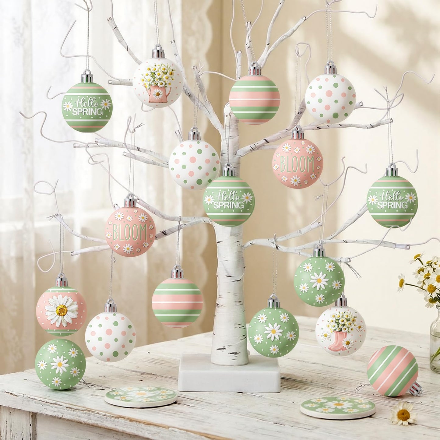 Silipull 24 Pcs Spring Ornament Bulk Daisy Flower Tree Decorations Pink Green Striped Polka Dot Balls Easter Spring Decorations for Home Small Tree Party Holiday Decor