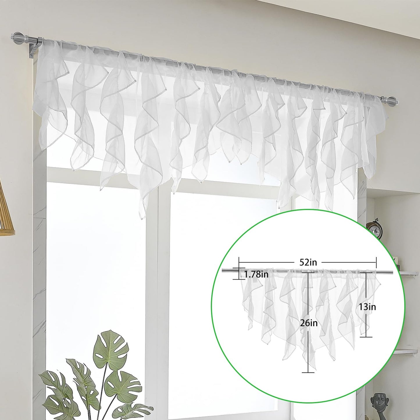 PearAge Ruffled Voile Semi Sheer Curtain Valance, Kitchen Living Room Shabby Chic Ruffle Valance Curtains, Girls Daughters Bedroom Cascade Window Valance 52x26 Inches (White-Triangle)