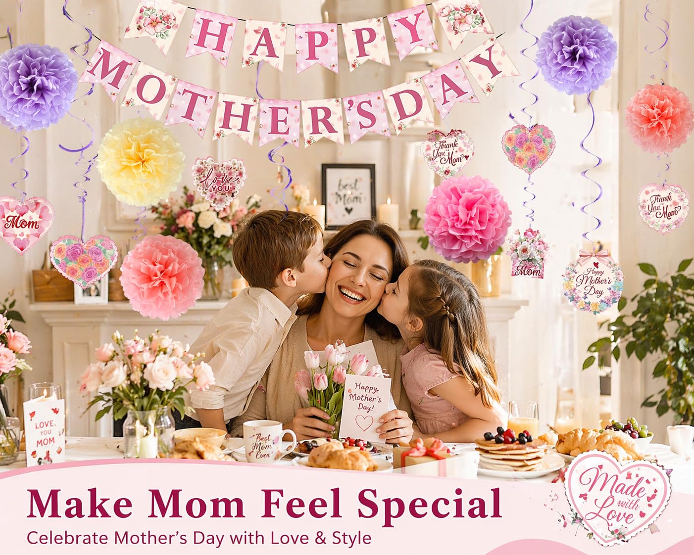 Mother's Day Decorations Set - Happy Mother's Day Banner, 6PCS Paper Pom Poms, 13Pcs Hanging Swirls with Best Mom Cardstock Cutouts - Floral Pink Party Supplies for Home, Mantle, Wall Decor