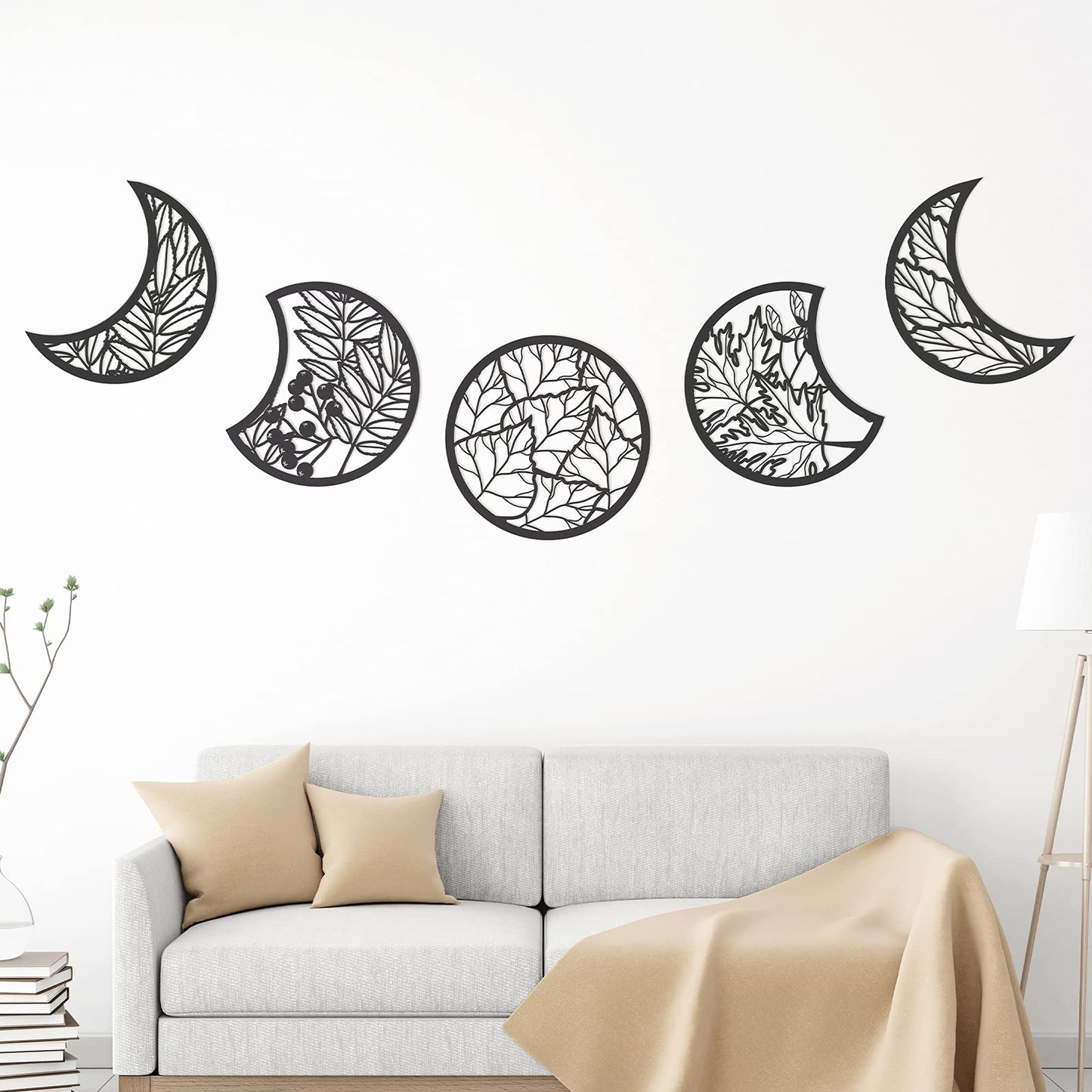 Jetec 5 Pcs Moon Phase Wall Art Decor Wall Pediments Hanging Wooden Phase Spiritual Bedroom Nordic Boho Lunar Aesthetic Art for Living Room Dorm Apartment Ornament(Black,10.6 Inch,Botanical)