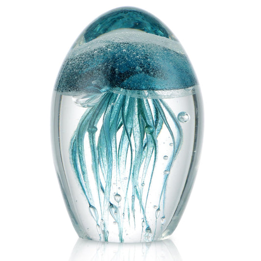 Sanbege Hand Blown Glass Jellyfish Figurine, Glow in The Dark Paperweight, Collectible Sea Creature Statue Decor for Home, Office, Party Decoration and Gift (Turquoise)