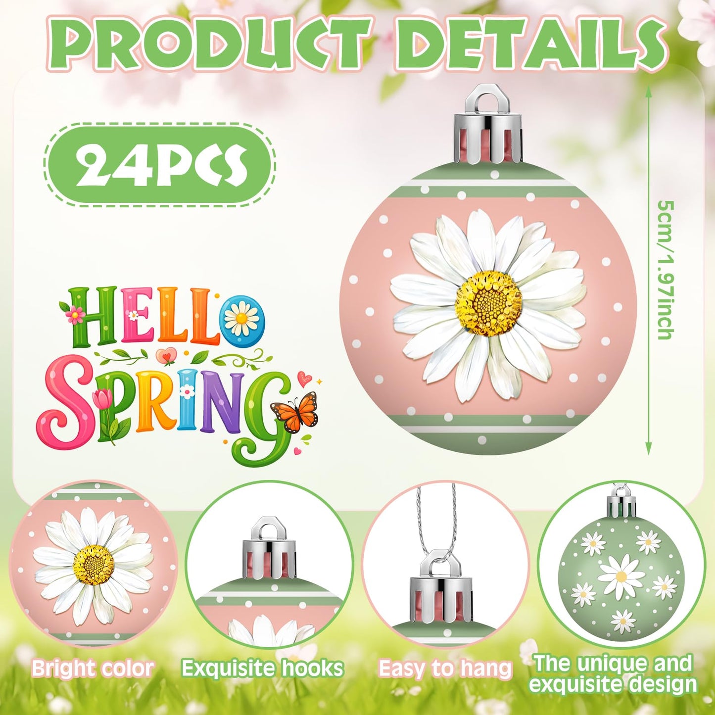 Silipull 24 Pcs Spring Ornament Bulk Daisy Flower Tree Decorations Pink Green Striped Polka Dot Balls Easter Spring Decorations for Home Small Tree Party Holiday Decor