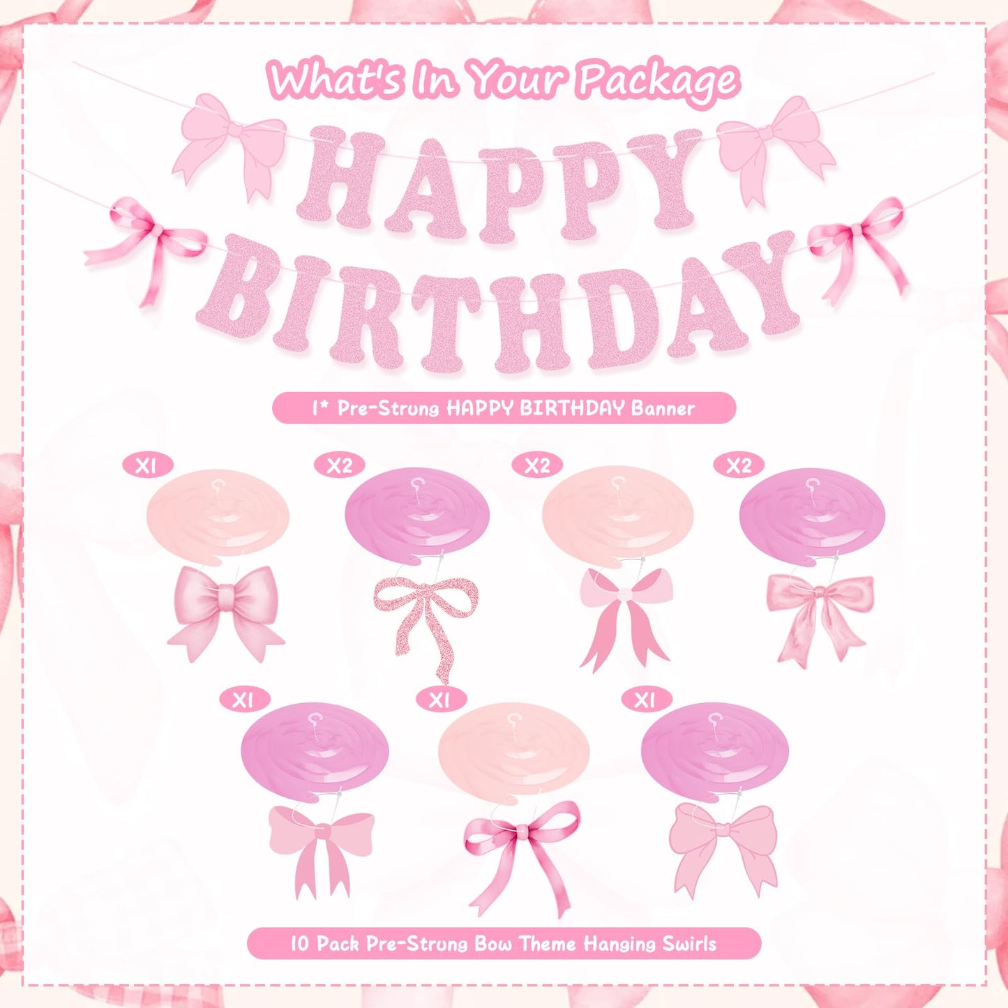 Bow Birthday Party Decorations, Cute Pink Bow Birthday Banner Bows Party Hanging Swirls Set for Women Girls Bows Party Decorations, Baby Shower Party Decor Supplies