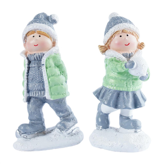 Brizoria Christmas Decorations Miniature People Figurines Set of 2 Boy and Girl Winter Centerpieces for Table Resin Winter Mantel Decor for Winter Home Decor Indoor Christmas Table Decorations