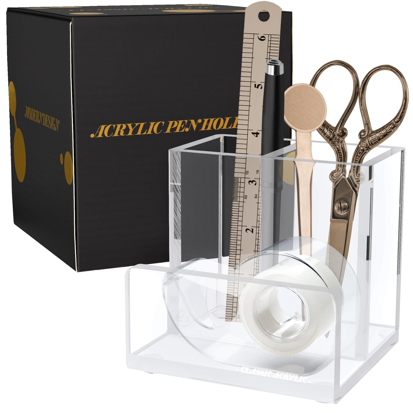 CLASSIC ACRYLIC Pen Organizer for Desk-A Modern Desk Accessory w/a Removable Divider is Great as a Pen & Makeup Brush Holder-This Chic Acrylic Storage Stand Makes a Great Gift for Home/Work Space