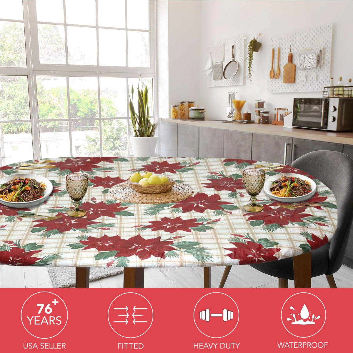 Covers For The Home Deluxe Elastic Edged Flannel Backed Vinyl Fitted Table Cover - Christmas Flower Pattern - Round Oblong Oval - Fits Tables up to 48" W x 68" L