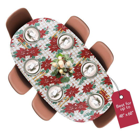 Covers For The Home Deluxe Elastic Edged Flannel Backed Vinyl Fitted Table Cover - Christmas Flower Pattern - Round Oblong Oval - Fits Tables up to 48" W x 68" L