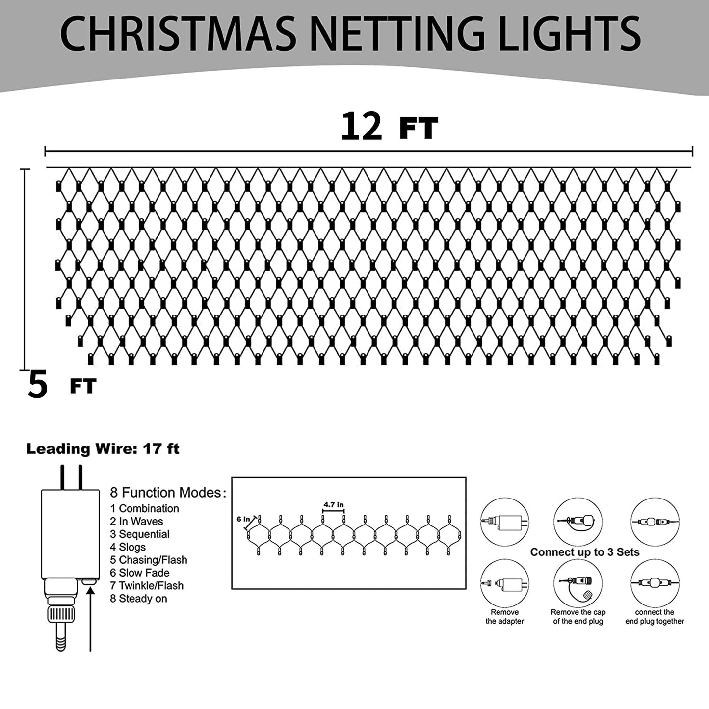Dazzle Bright Christmas 360 LED Net Lights, 12FT x 5 FT Connectable Waterproof String Lights Clear Wire with 8 Modes, Christmas Decorations for Indoor Outdoor Xmas Party Yard Garden Decor (White)