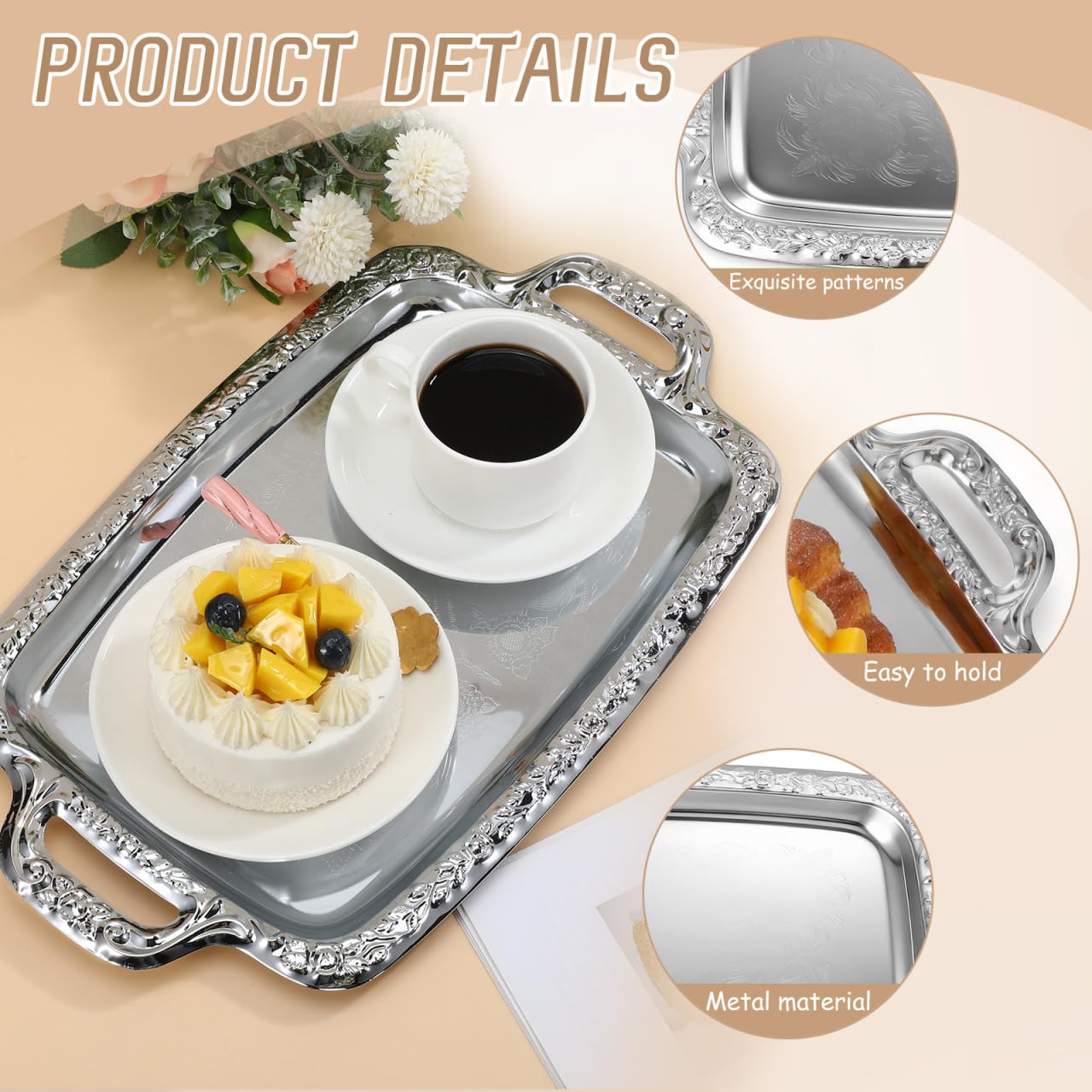 Housoutil Metal Serving Tray, Silver Large Rectangular Antique Serving Platter, European Retro Style Tray for Cookies, Charcuterie, Snacks, Desserts, Fruit, Party Food (39. 00x23. 00x1. 70cm)