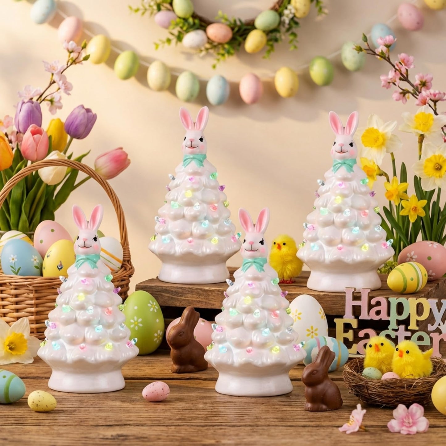 Leinuosen 6 Set Mini 4 Inch Easter Bunny Ceramic Tabletop Tree with LED Lights Easter Bunny Hanging Light up Hanging Ornaments Pre Lit Hand Painted for Table Home Office Holiday Decorations