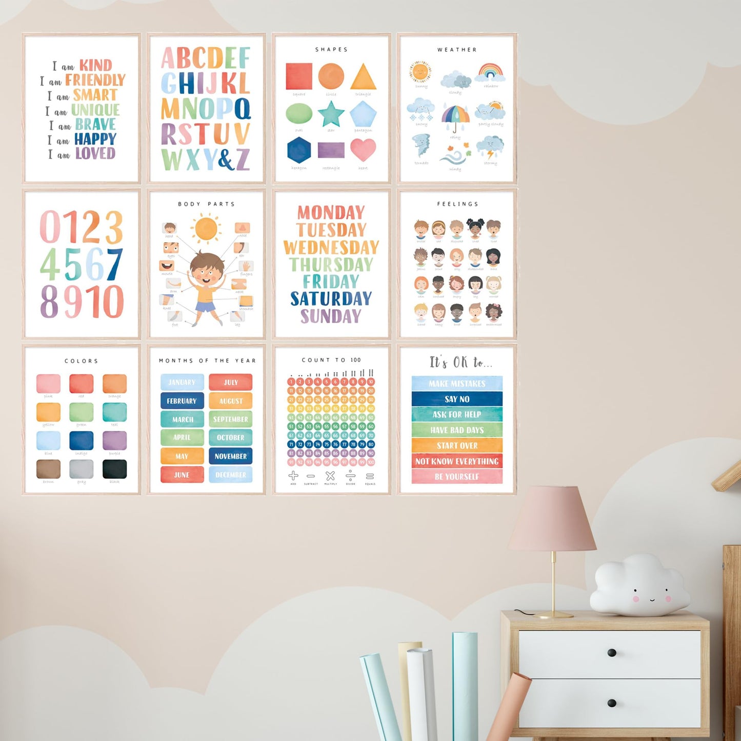 BigWig Prints Educational Posters for Toddlers - Learning Posters for Toddlers 1-3, Montessori Room Essentials, Montessori Wall Decor, Learning Signs for Wall, Preschool - Unframed Set of 12 (8x10)