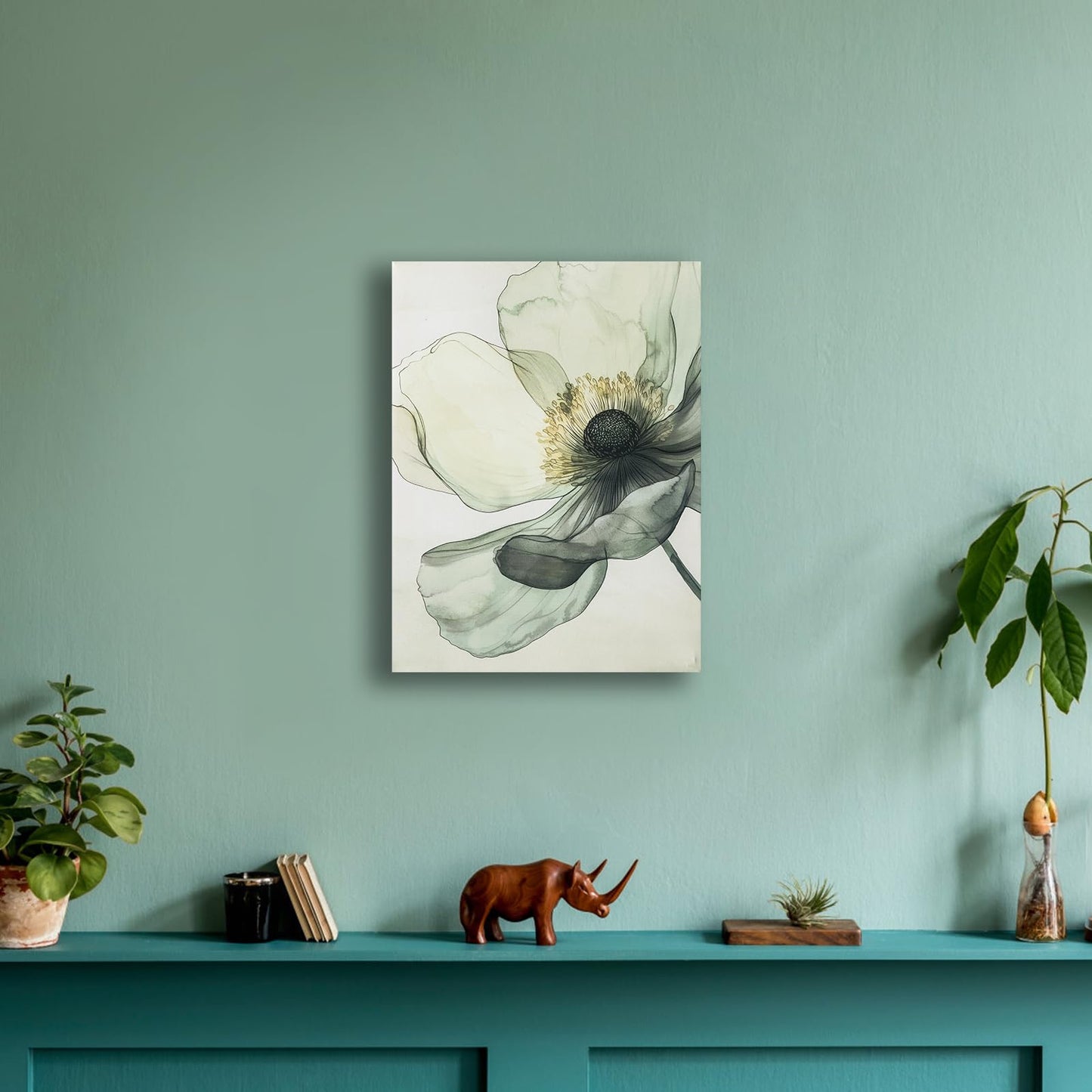 Sage Green Wall Art, flower pictures wall decor, Minimalist Modern Gold Green Canvas Artwork Paintings, Boho aesthetic canvas wall art for bedroom Bathroom Living room Office Decorations,12"x16"