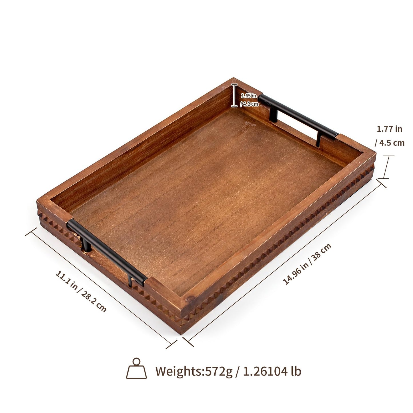 Rustic Wood Serving Tray with Handle Brown Rectangular Decorative Trays Farmhouse Charcuterie Boards Platter for Food, Fruit, and Coffee Great for Bed, Living, Coffee Table, Kitchen and Party