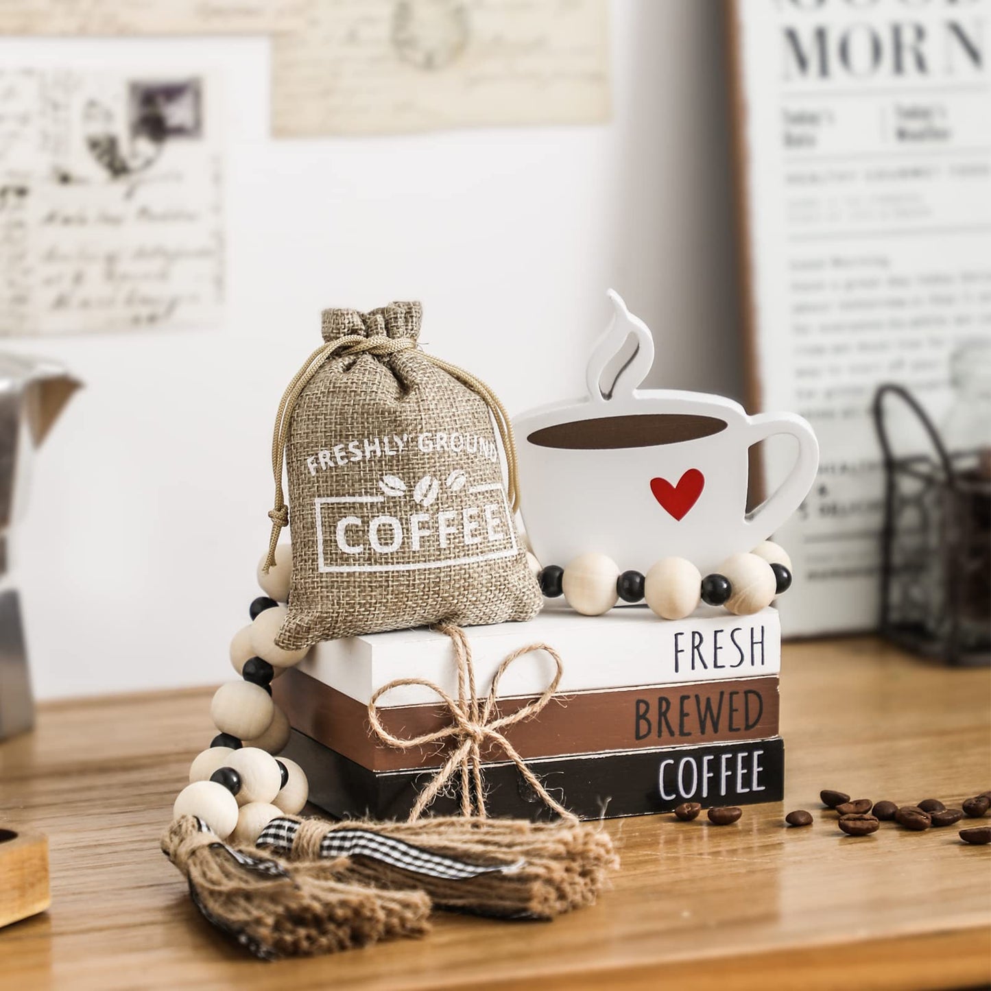 Coffee Bars Decor, 6 PCS Coffee Bar Decorations,Mini Wooden Book Stacks with Bead Garland, Coffees Bar Accessories for Tiered Tray,Table,Shelf,Rustic Farmhouse Home Decor